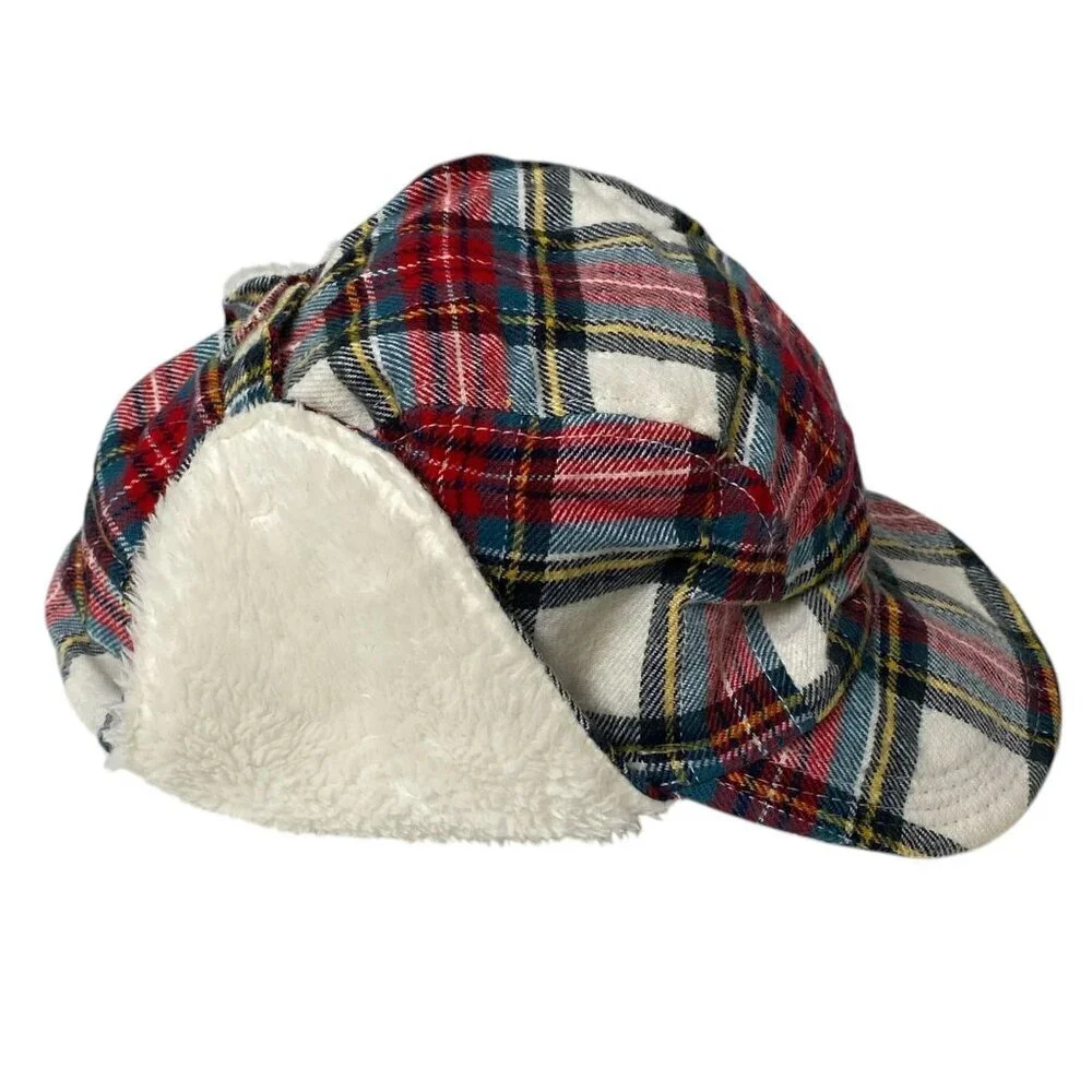Baby Gap Red Plaid Hat 6-12mos Fleece Lined Trapper Hat